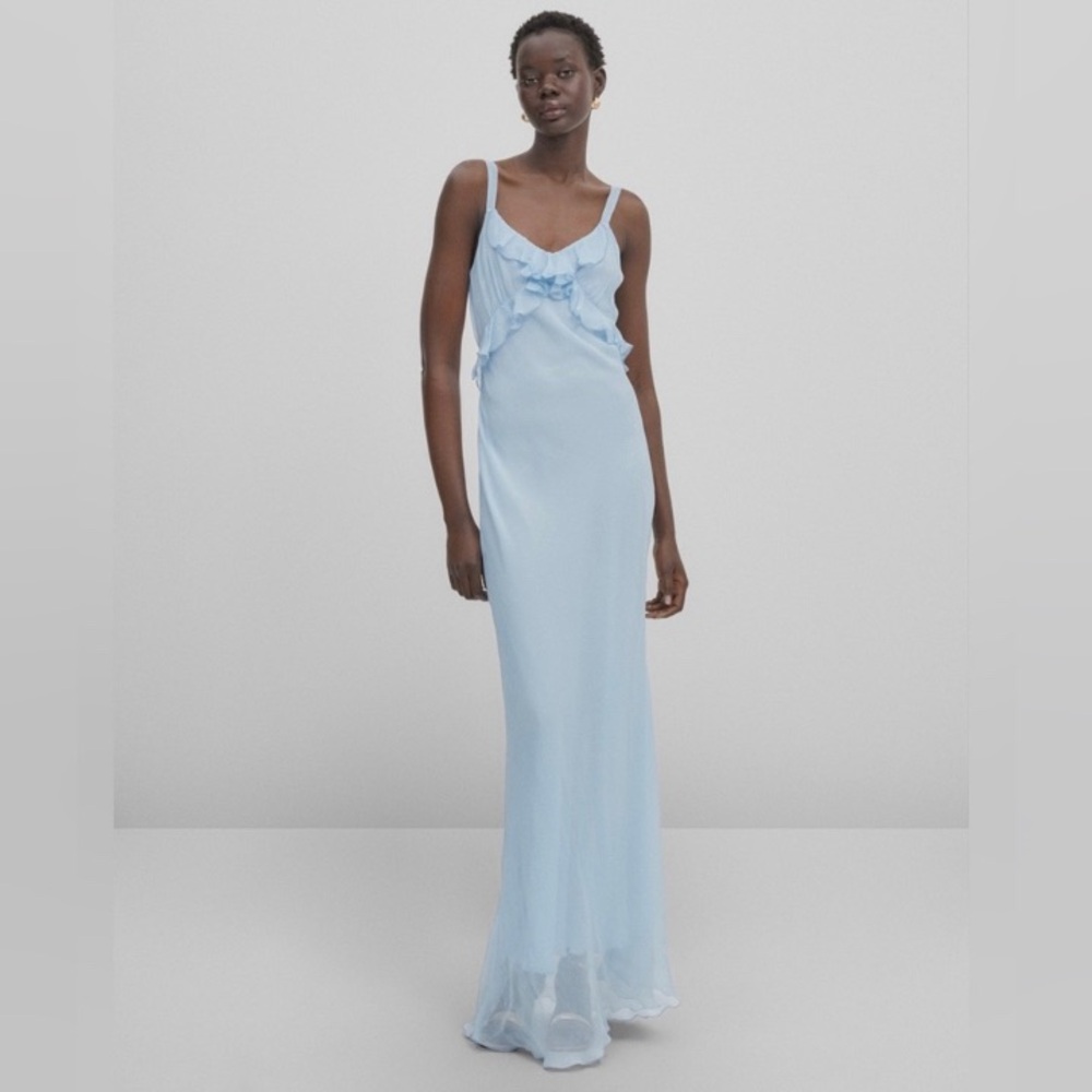 NWT Massimo Dutti long blue strappy maxi dress with ruffle details